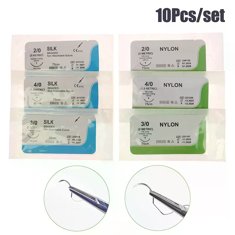 10pcs 2.0/3.0/4.0 Silk Nylon Monofilament Medical Thread Needle Surgical Suture Training Practice Kit