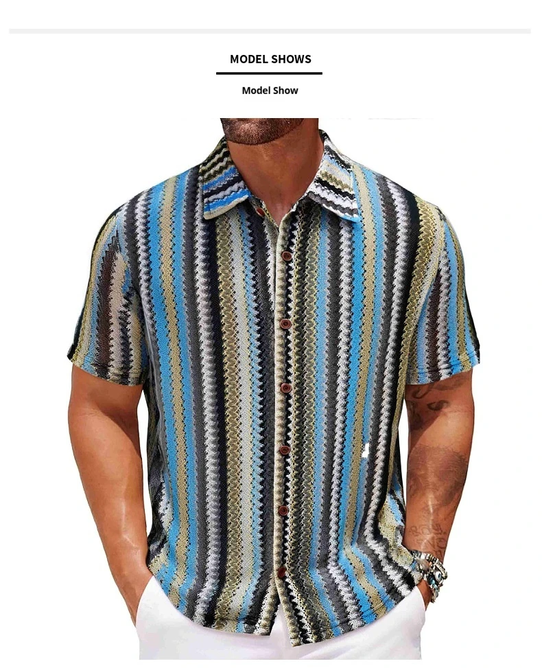 2025 Summer New Men's Ethnic Striped Shirt Boho Lace Mesh Casual Shirt Breathable Linen Blend 3-XXXL