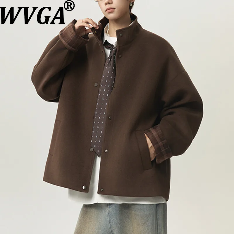 

WVGA Spring Autumn New Men Tide Stand Collar Trench Coat Tops Niche Chic Casual Korean Style Patchwork Trendy Wool Jacket W16234