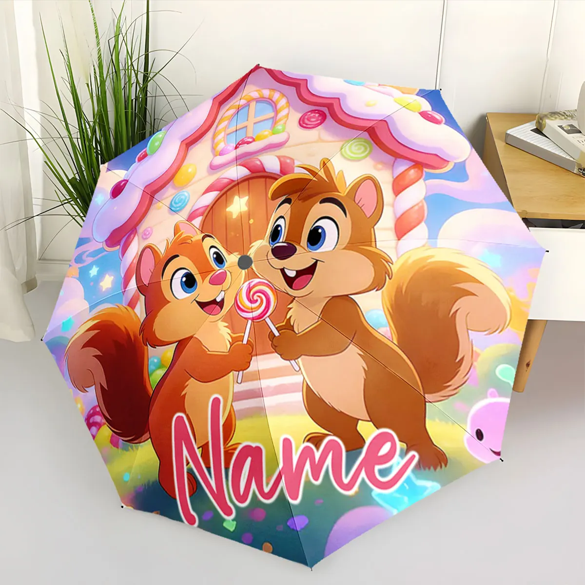 Custom Name Cartoon Squirrel Umbrella Design with Candy House Print 8 Iron Ribs Folding Umbrella Auto-Open Fashion Sunshade