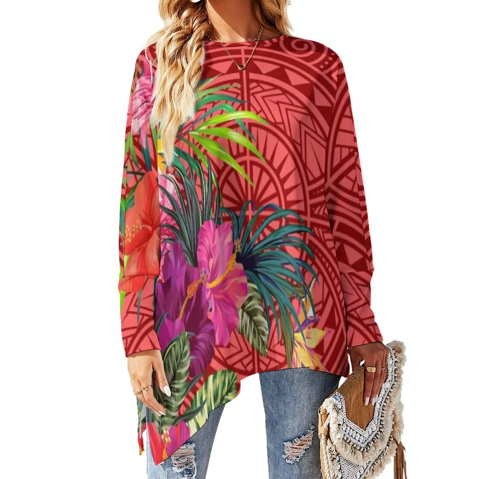 

Women Vintage Polynesia Custom Pattern Fashion Printing Casual O Neck Loose Long Sleeve Tops Pullover Lady T-shirt Size 6XL