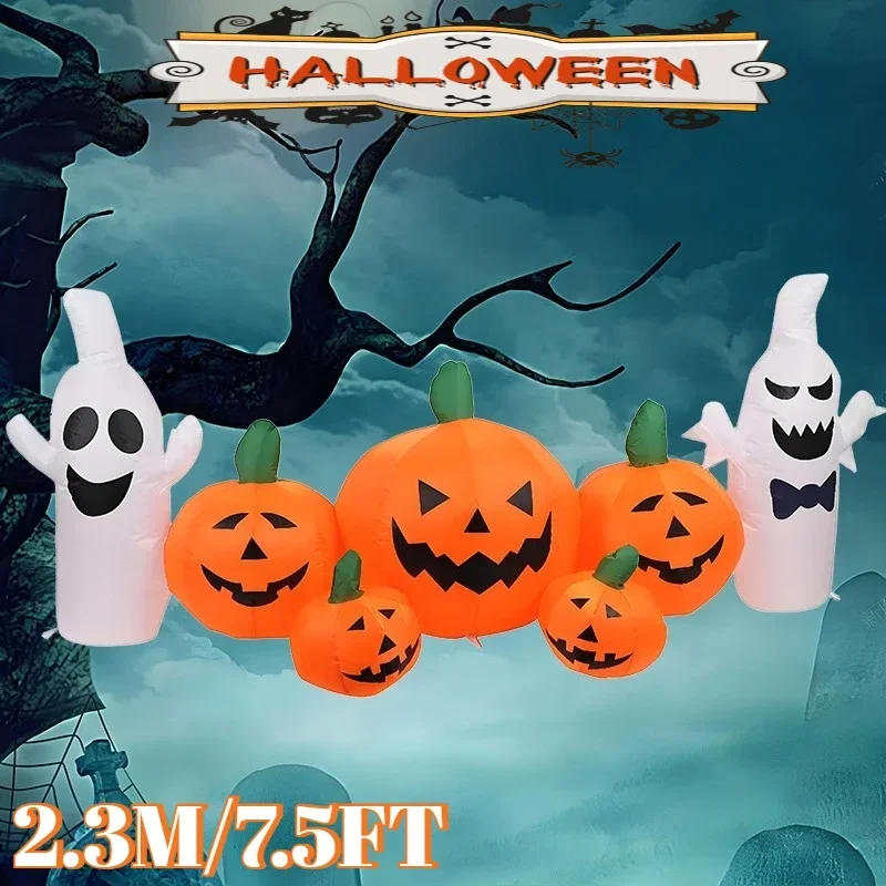 2.3 متر/7.5FT لعبة قابلة للنفخ اليقطين شبح مجموعة في الهواء الطلق حديقة ساحة الحديقة ديكور هالوين ديكور نفخ نموذج المدمج في أضواء LED