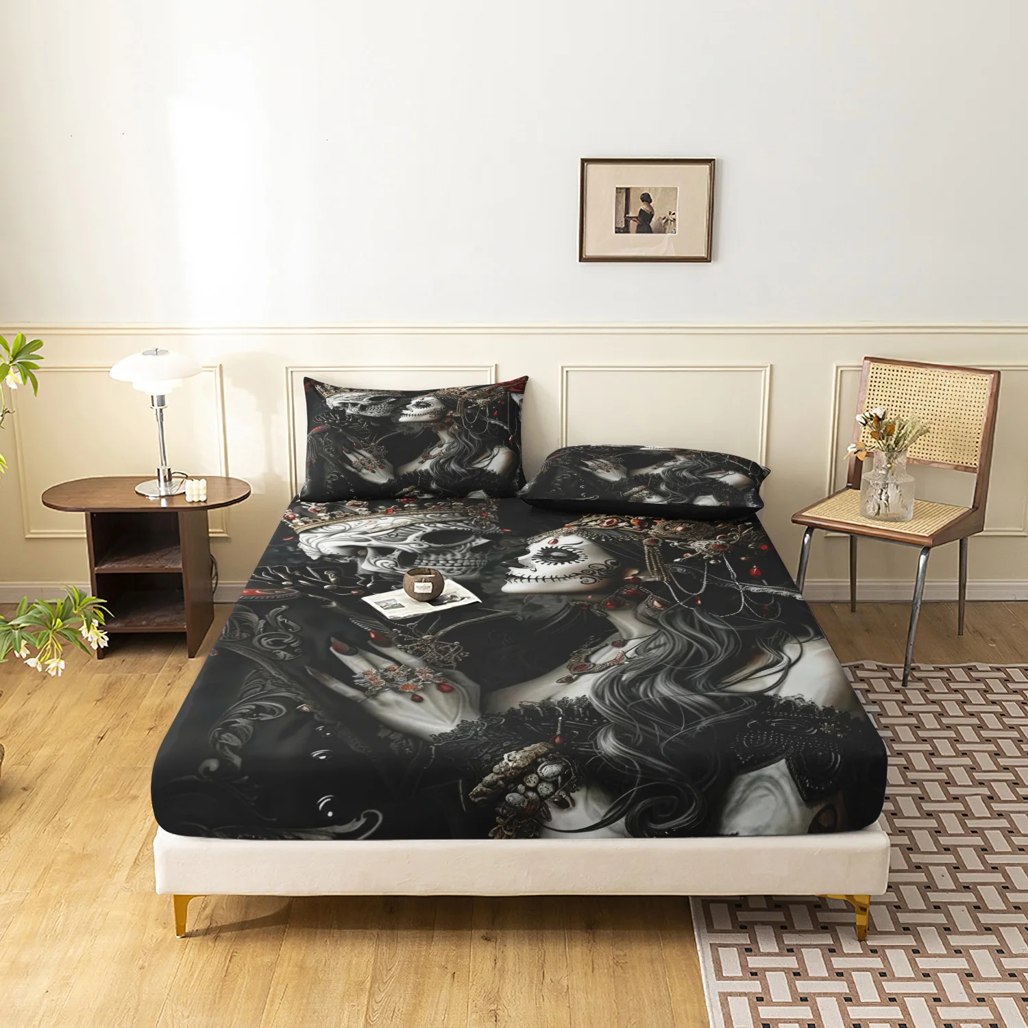 Skull Couple Fitted Sheet 3 Pieces Set, Black Grey Vintage Skeleton King Queen Print  Bedding Sheet, For Home Family Dormitory