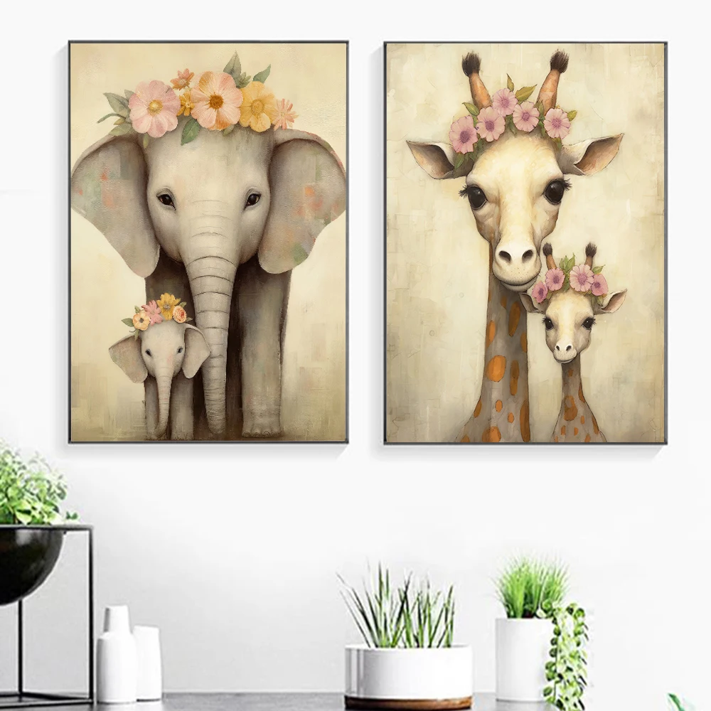 

Cartoon Safari Animals Poster Prints For Nursery Decor Vintage Elephant And Giraffe With Their Baby Canvas Painting Wall Art