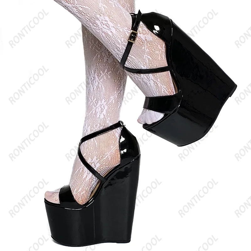

Ronticool Handmade Summer Sandals for Women Glossy Wedge High Heels Open Toe Red Fuchsia Party Shoes US Size