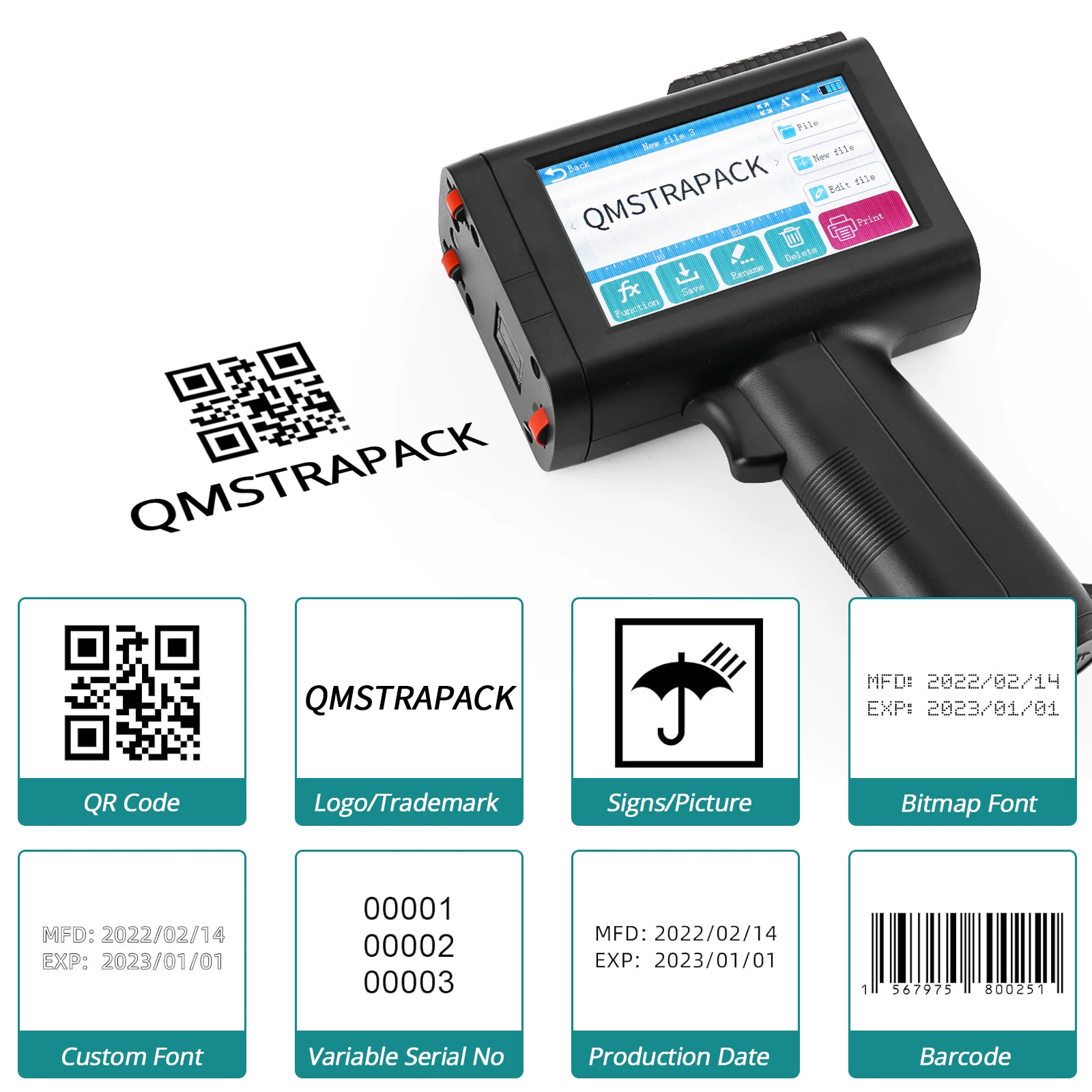 휴대용 잉크젯 프린터 건, 빠른 건조 잉크 포함, 텍스트 QR 바코드 배치 번호, 로고 날짜 라벨 프린터, 비암호화, 12.7mm