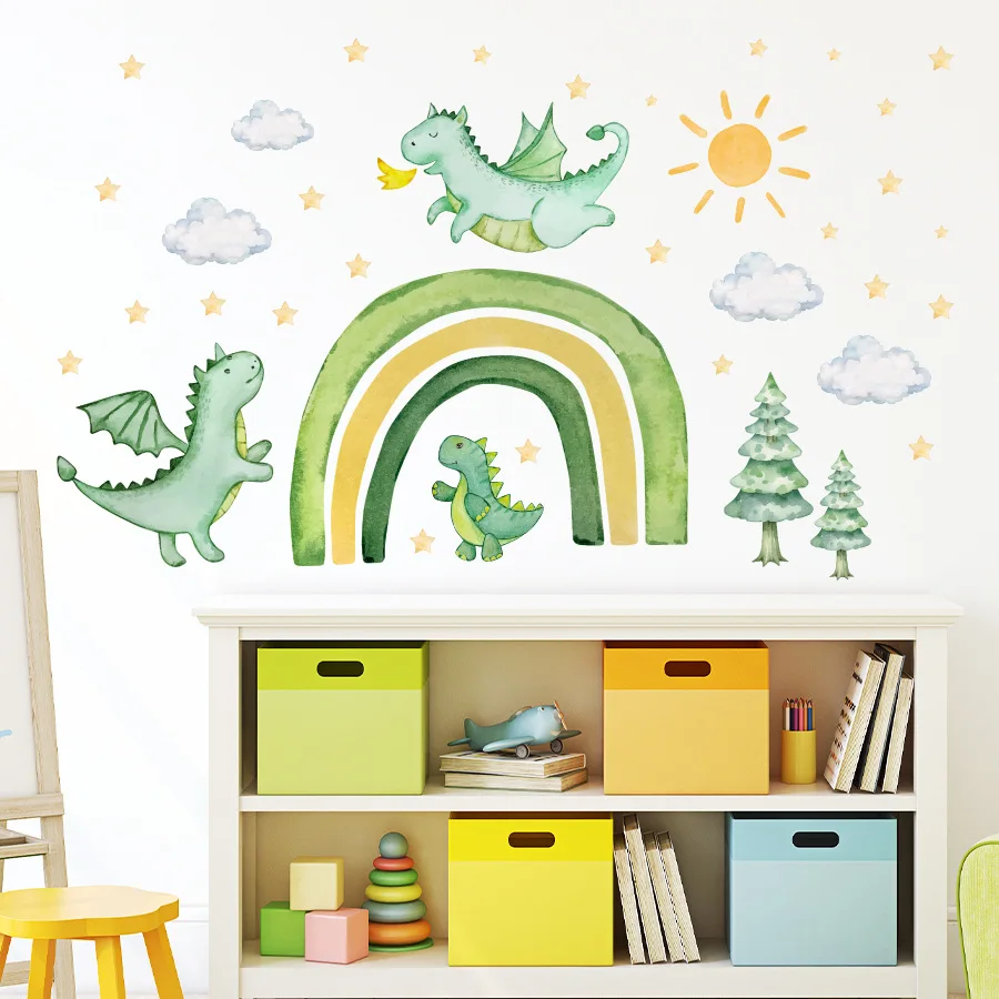 Cartoon Green Rainbow Flying Dragon Wall Stickers Cute Dinosaur Sun Cloud Decals Self-adhesive for Baby Bedroom Boys Room Decor - view 3