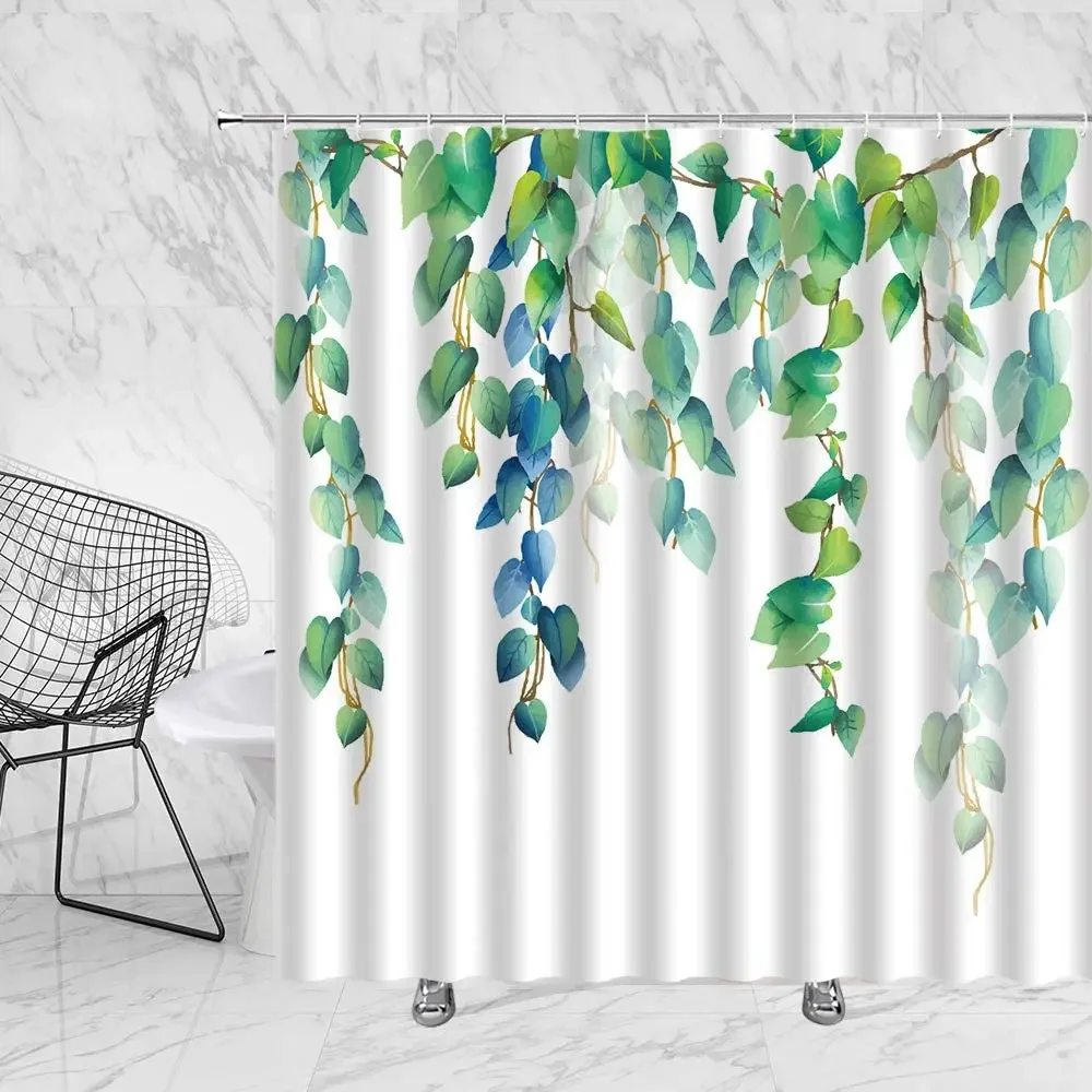 Zen Green Leaves Shower Curtain Watercolor Plant Floral Bamboo Black Stone Spa Bath Curtains Waterproof Cloth Bathroom Decor Set