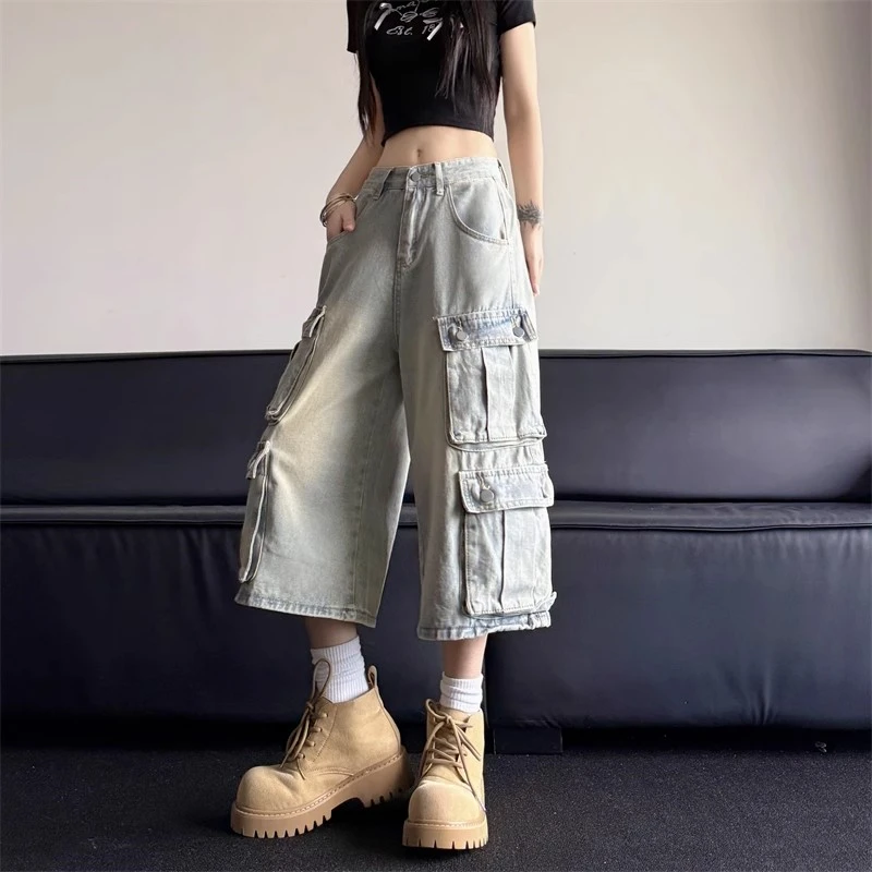 

Summer Women's Multi Pocket Light Blue Calf-length Jeans Cool Girl Retro Denim Cropped Trousers Female High Waist Capris Pants