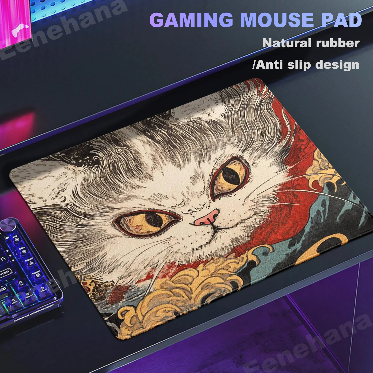 Tapis de souris Ukiyoe HD, petit chat mignon, tapis de souris en caoutchouc E-Sports, design de bureau, accessoire de bureau de jeu