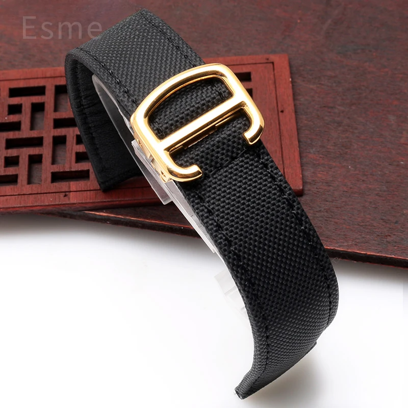 Universal Flat Interface Canvas Watch Strap for Cartier Tank Black Bay London Series 18 20mm Folding Buckle Nylon Watchband view 4