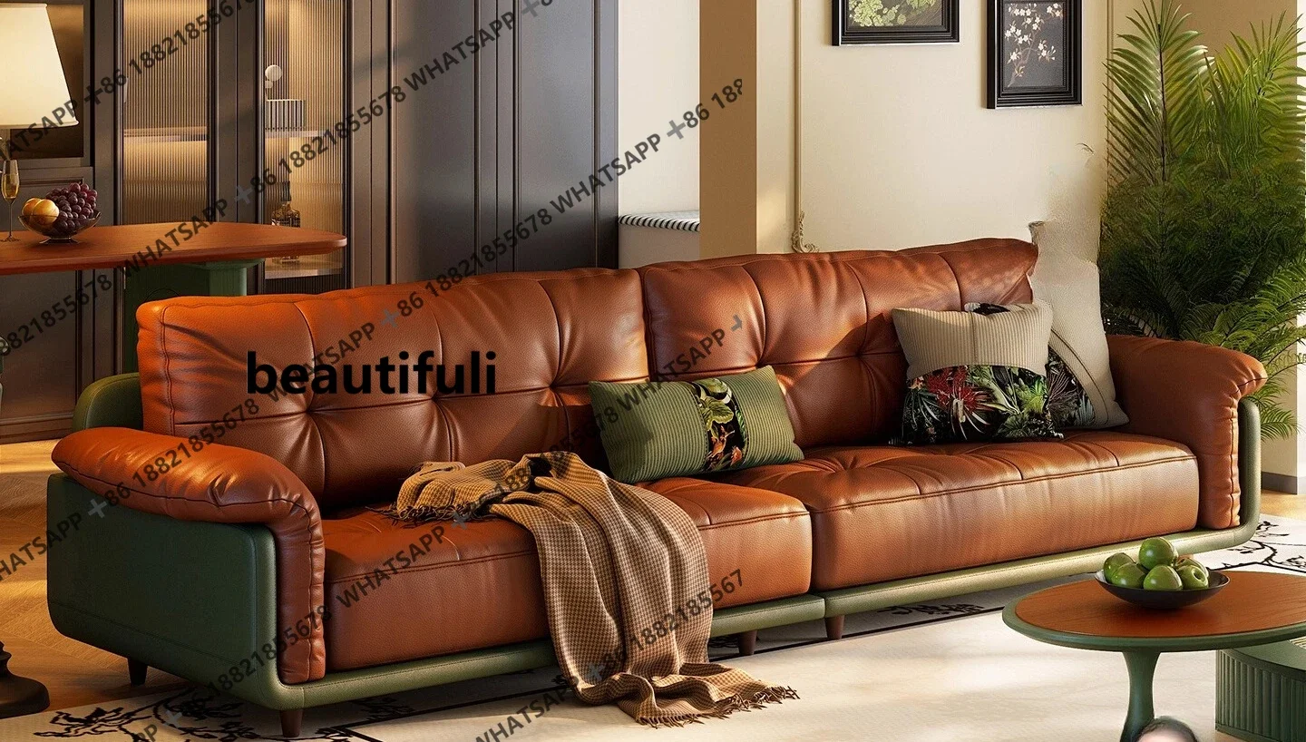 

H French retro leather straight row living room three-person medium and ancient style first-layer cowhide sofa