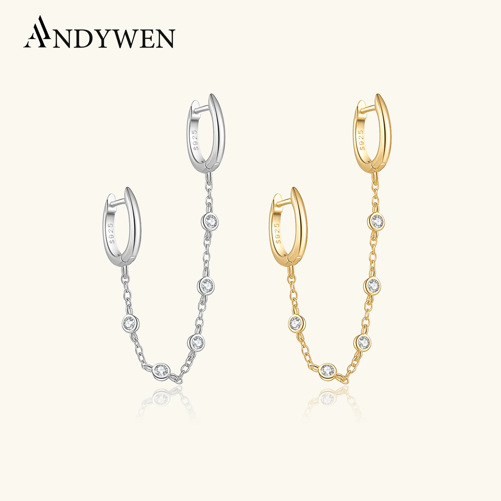 ANDYWEN 925 Sterling Silver Solid Safe Chain Double Huggies Crystal CZ Zircon Hoops Mini Plain Piercing 2 Clips Earring Jewelry