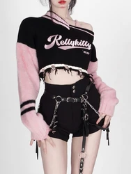 Deeptown Y2K Harajuku Pink Striped Cropped Sweater Women Fashion Embroidery Knitted Jumper Sexy V-neck Long Sleeve Pullover Tops