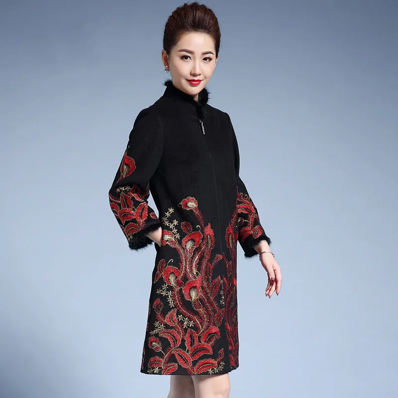 Women Jacquard Coat Ethnic Chinese Traditional National Embroidery Cloak Hot Lining Thick Warm Stand Collar Winter Long Oversize