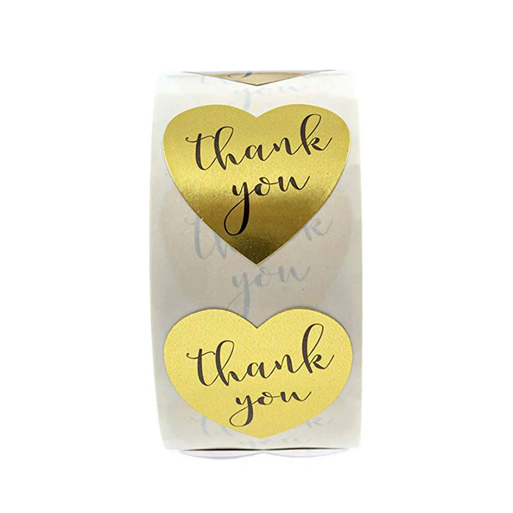 500 Stück goldene herzförmige Dankesaufkleber, stark klebende, selbstklebende Verpackungsetiketten für Süßigkeitentüten, Backverpackungen, DIY