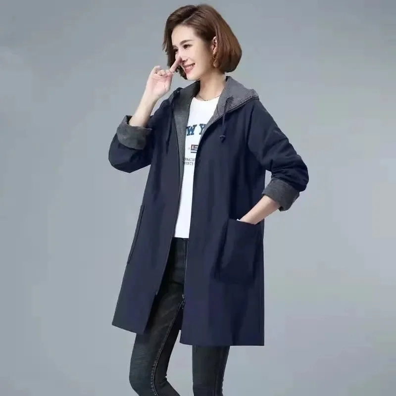 New Autumn Women's Jacket Lining Mid Long Overcoat Casual Loose Basic Coat Hooded Windbreaker Female Loose Jackets Outwear