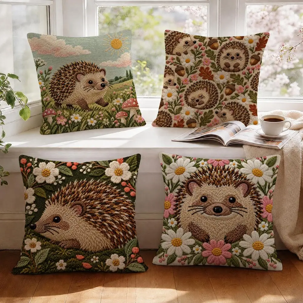 Embroidered Hedgehog Cushion Cover 1/4Pcs Linen Throw Pillow Covers Double-Side Print Sofa Couch Living Room Decor