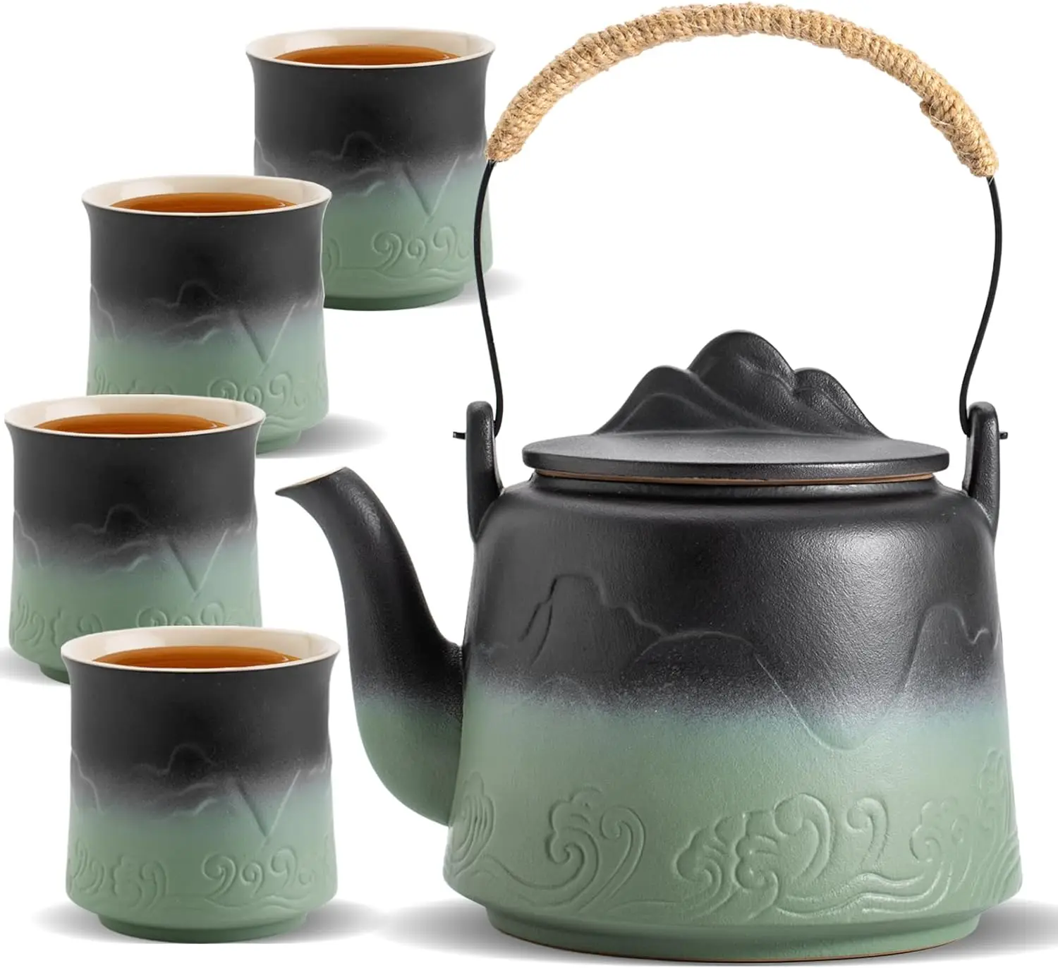 

Vintage Japanese Tea Set with 4 Cups, 33.8 oz Ceramic Teapot with Built-in Strainer and Hemp Handle for Tea Lovers