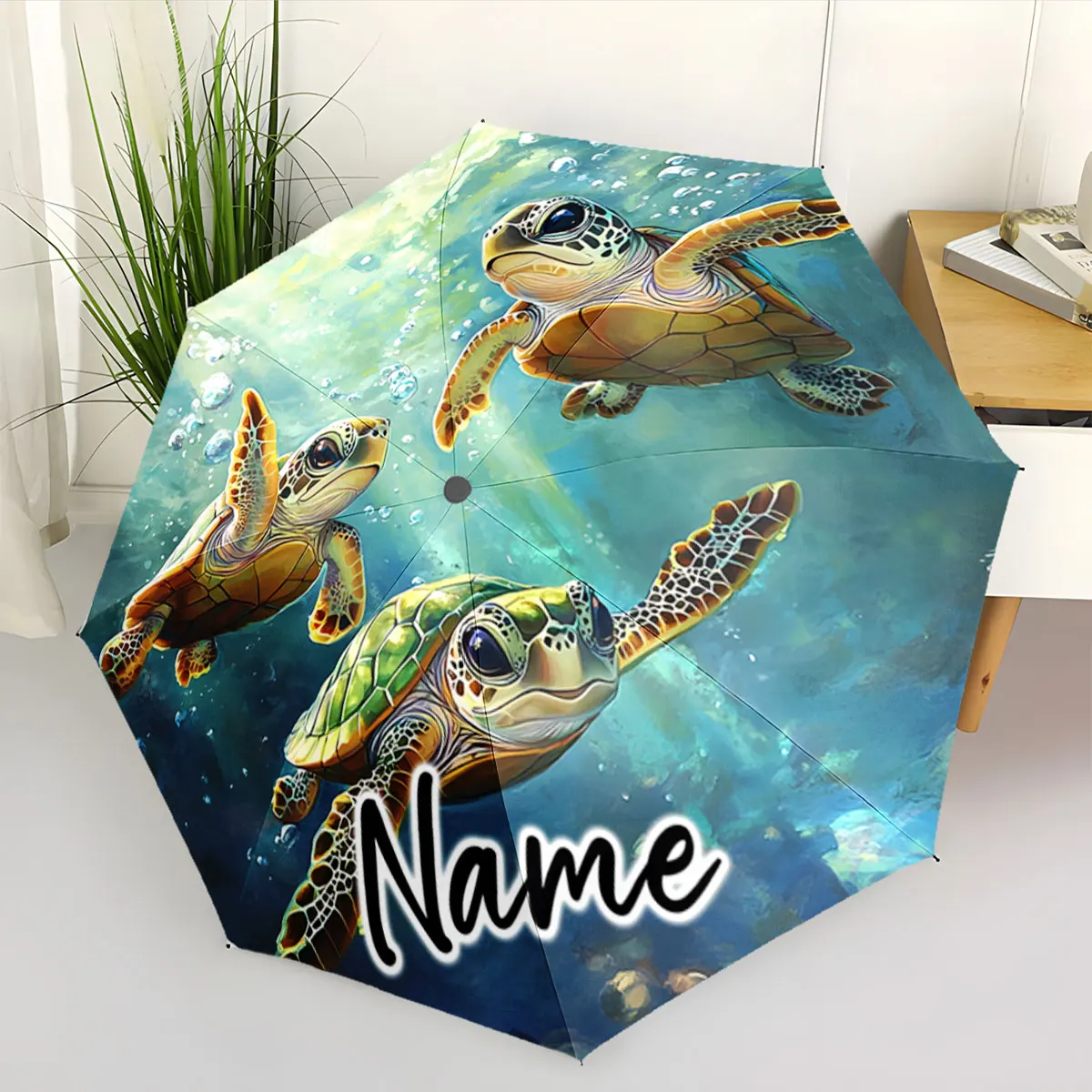 Custom Name Umbrella Sea Turtle Adventure on Colorful Umbrella Print 8 Iron Ribs Folding Umbrella Auto-Open Fashion Sunshade
