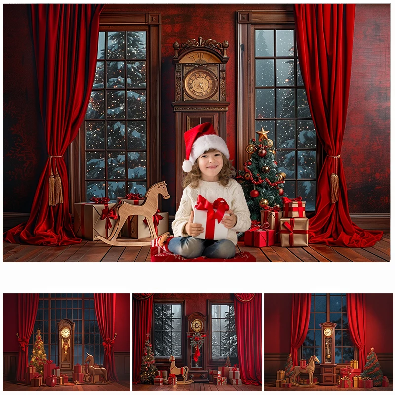

LS Christmas Red Window Backdrop Kids Photography Props Child Adult Photocall Xmas Trees Pendulum Clock Decor Background