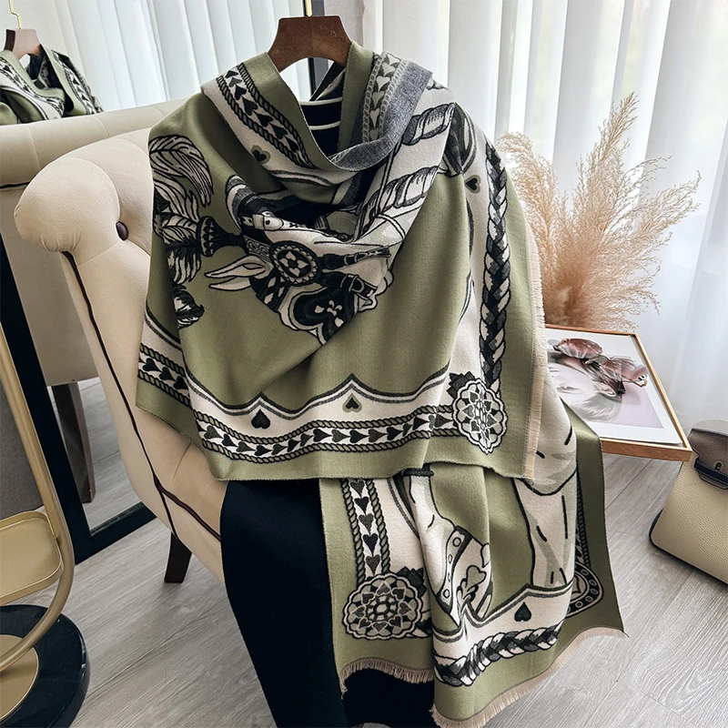 Luxury Warm Poncho Cashmere Winter Women Scarf Horse Print Shawl Wraps Female Thick Pashmina Blanket Bufanda Travel Echarpe 2024