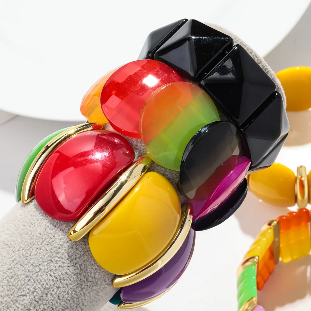 Bohemian Acrylic Multicolor Wide Cuff Bracelet for Women Boho Vintage Stretchy Bracelets Statement Bangles Wristband Jewelry