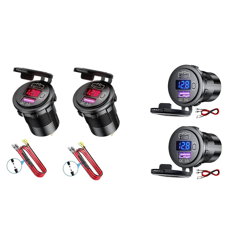 2 Pack PD Type C 48W USB Car Charger Socket,QC 3.0 Quick Charger Outlet With Voltmeter And Switch For Boat Truck RV