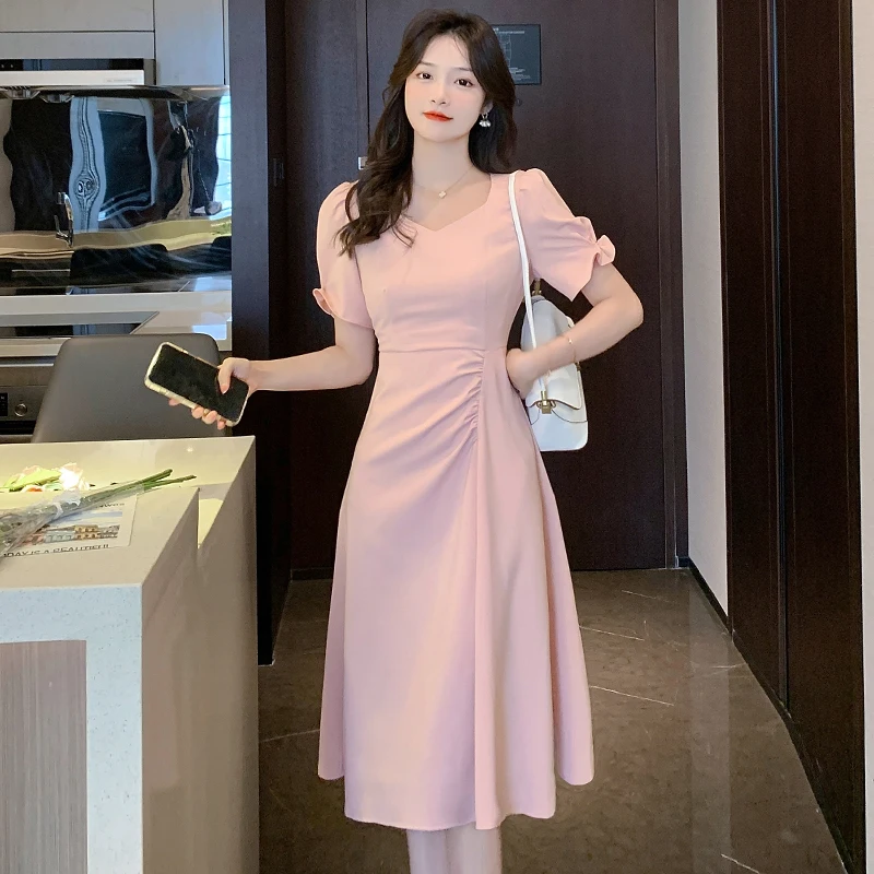 

Women Long Dress Summer 2024 New Office Lady Brief Solid Short Sleeve Petal Sleeve High Waist Square Collar Folds Dresses