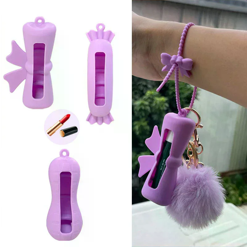 Portachiavi con copertura per rossetto in silicone a forma di arachidi con fiocco, borsa portaoggetti portatile per rossetto in tinta unita, porta balsamo per labbra leggero
