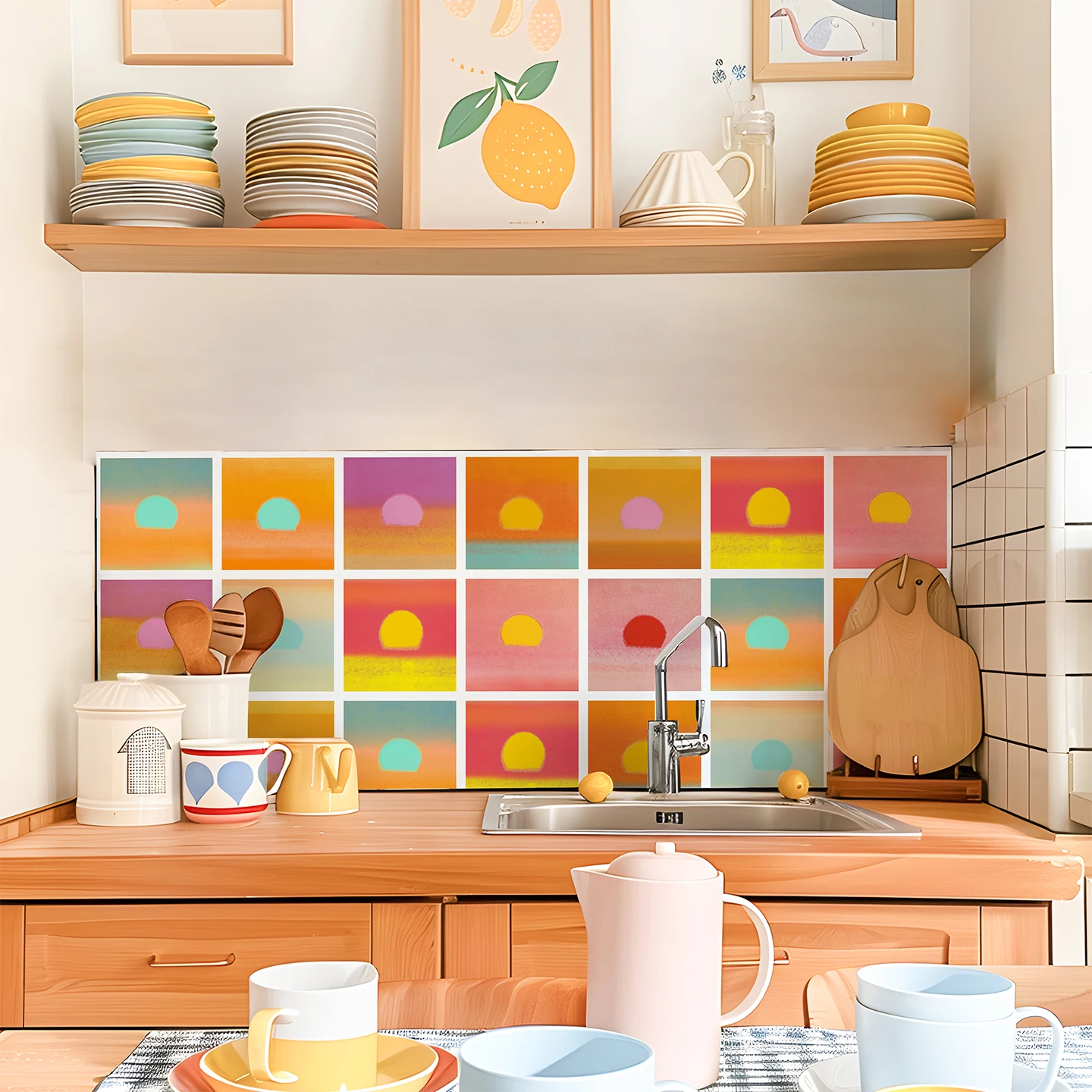 Colorful Pop Art Tile Stickers for Kitchen Backsplash, Peel and Stick Waterproof Wall Decals, Andy Warhol Inspired Sunset Design
