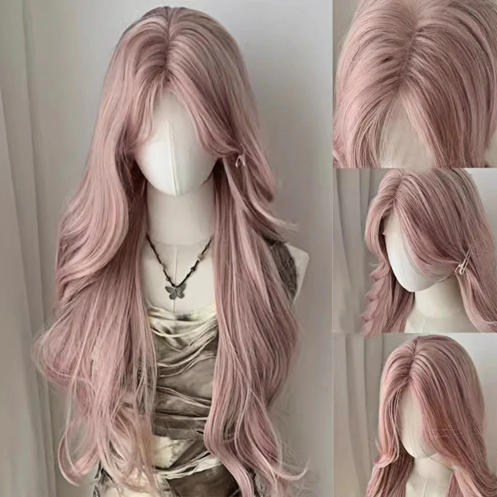 Summer net red with sweet fashion high quality breathable headgear | pink purple medium large wave long curly hair synthetic wig