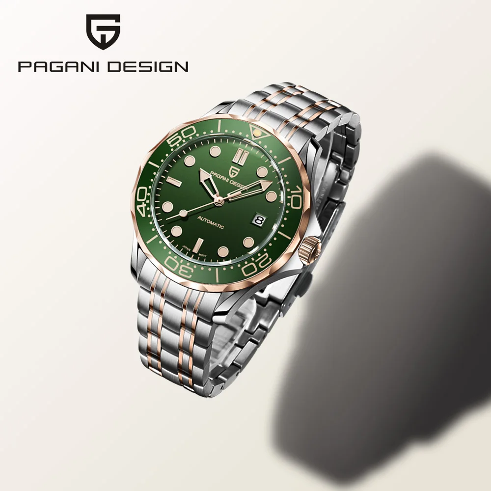 PAGANI DESIGN 2026 New Color Luxury Rose Gold Green Mechanical Watch For Men Stainless Steel 8215 Movement Sapphire Mirror Watch