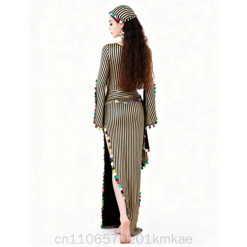 Traje de baile danza del vientre conjunto de 3 piezas con brillo dorado caliente bata con cuello en V Baladi Folk Saidi danza de caña Oriental