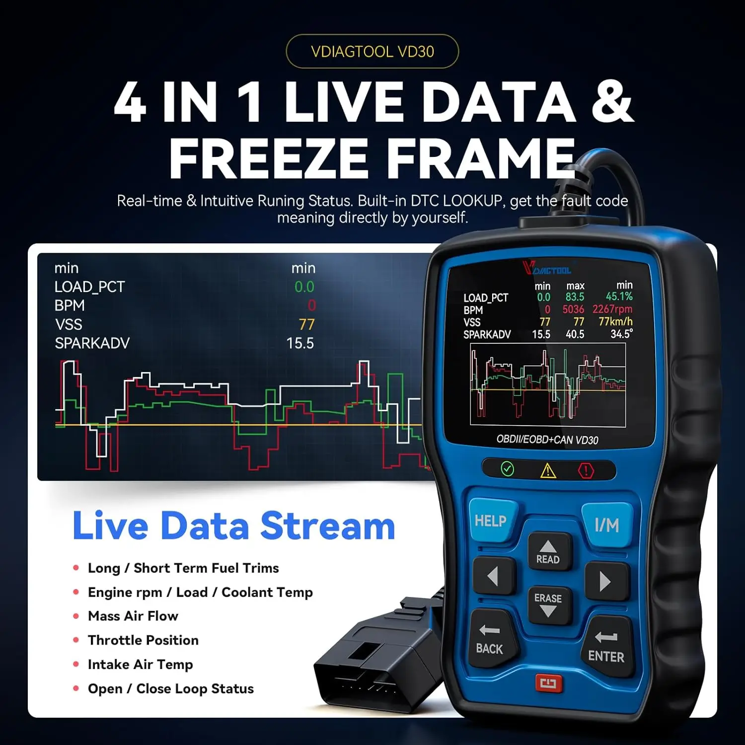 VDIAGTOadvocate-Lecteur de Code de Voiture VD30 OBD2, Scanner pour Tous les Véhicules OBDII, Éteindre CEL, Lire/Effacer les Codes, Données en