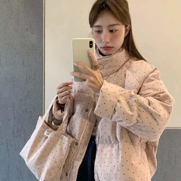 

Korejpaa Pink Polka Dot Parkas Sweet Korean Style Jacket Women 2025 Winter New Stand Collar Single Breasted Zipper Coats Femme
