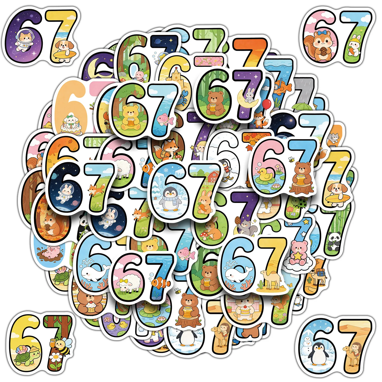 

50PCS Cartoon Number 67 Aesthetic Doodle Stickers Cute Animals Three Four Creative Decals DIY Luggage Phone Skateboard Kids Toys