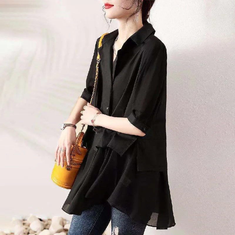 Single Breasted Thin Solid Cotton Spliced Women Shirt V-Neck Slim Pleated Summer Office Lady Women\'s Clothing 2022 New Fashion