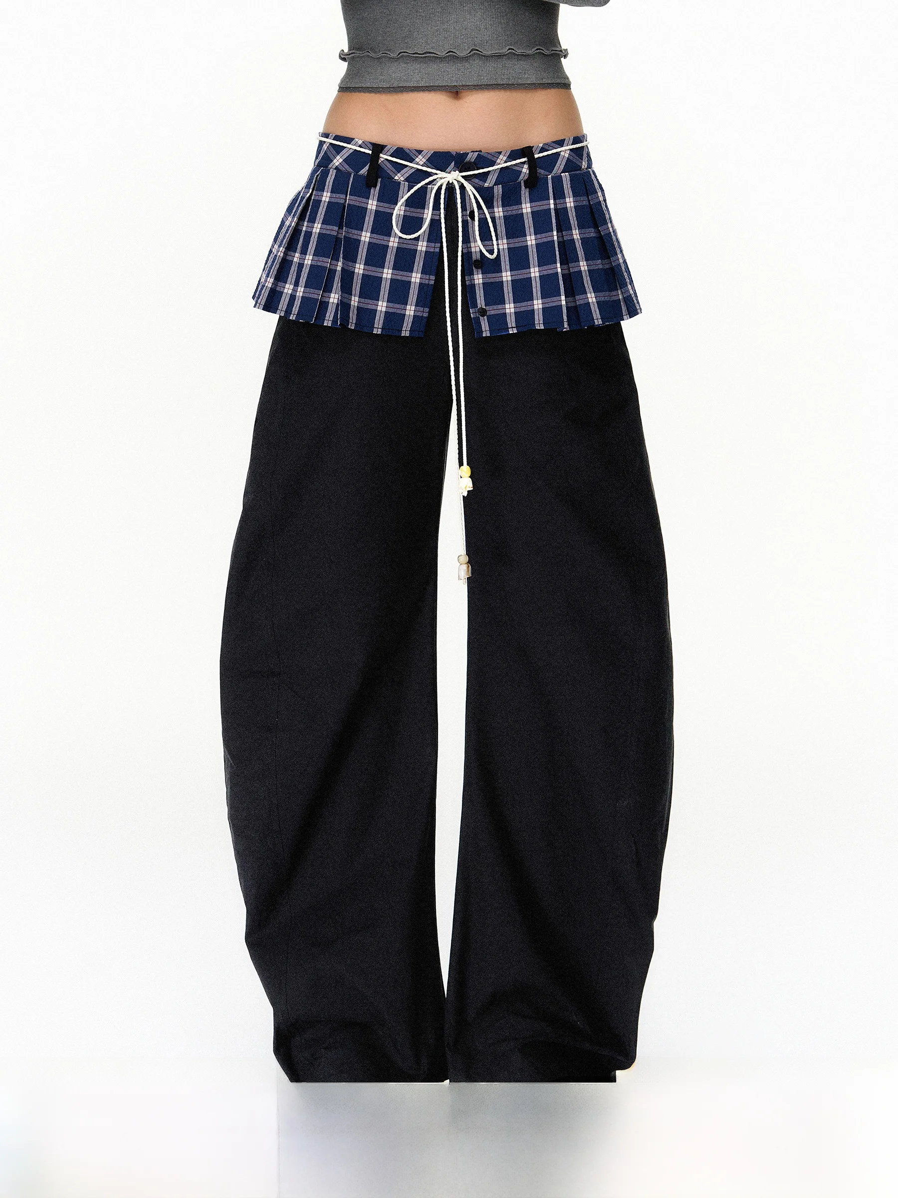 الأزرق منقوشة فقاعة القماش خليط طبقات سكين مطوي السراويل واسعة الساق تخفيف Sle الرجعية القطن 00% l الخصر السراويل الطويلة #1