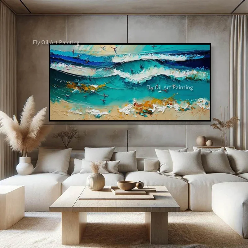 Beautiful Green White Ocean And Beige Beaches Oil Painting New Home Wall Items Hand Made Blue Seascape Boat Canvas Artwork Decor