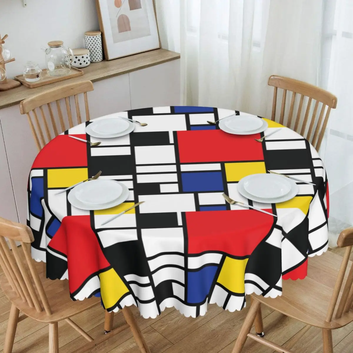 Piet Mondrian De Stijl Round Tablecloths 60 Inches Abstract Art Colorful Table Cover for Kitchen Table Cloth