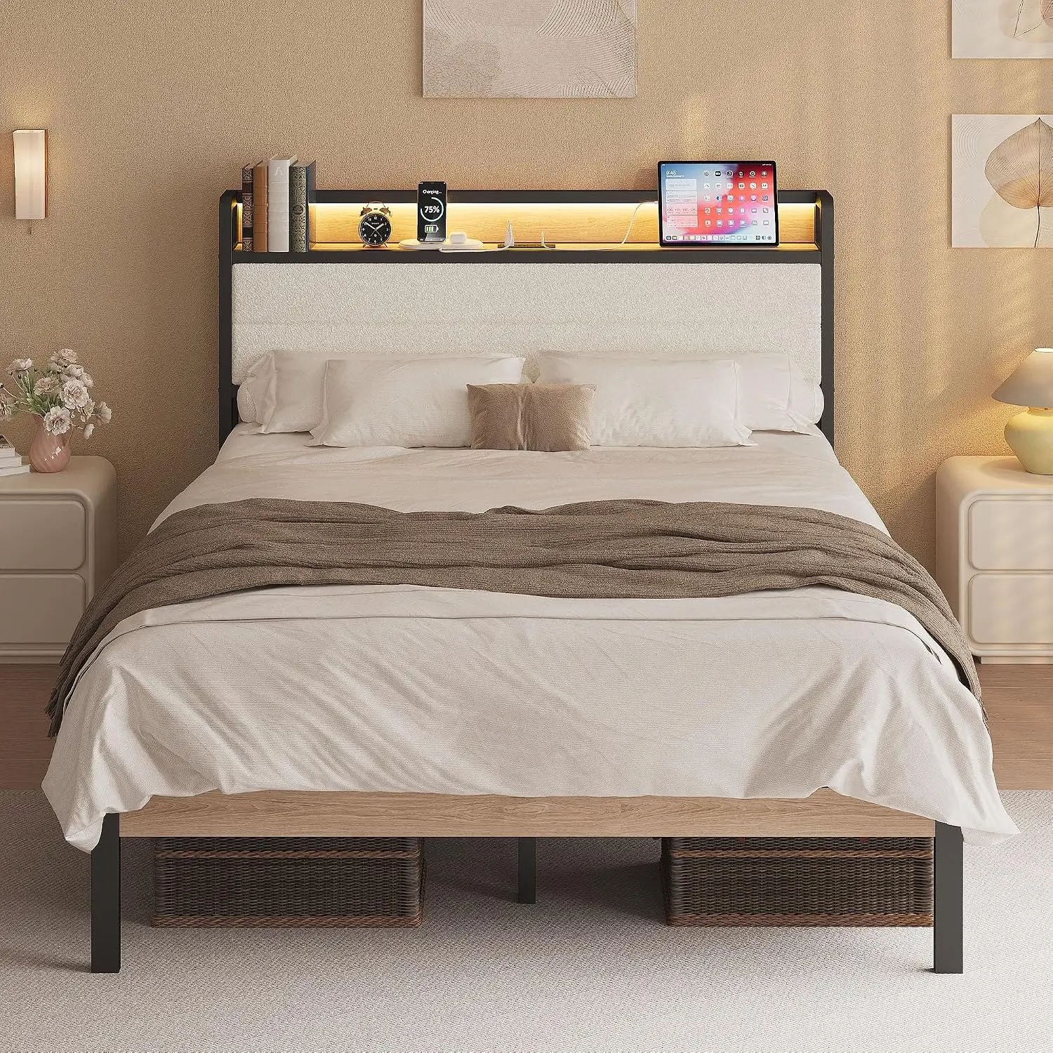 Sherpa Full Bed Frame with LED Headboard & Charging Station, Storage Slats, Noise-Free, Natural & Cream, Customized