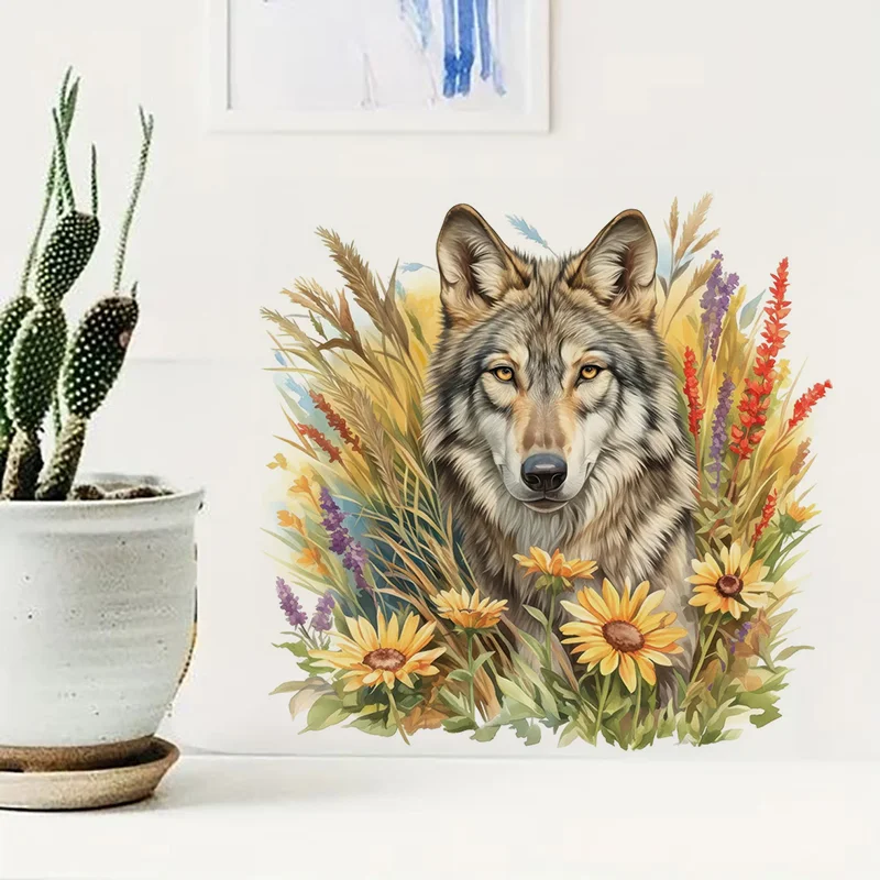 C1150# Wolf in Wildflowers Toilet Stickers Decoration for Living Room, Wall, Bedroom, and Home Decor Car Decals Self-Adhesive