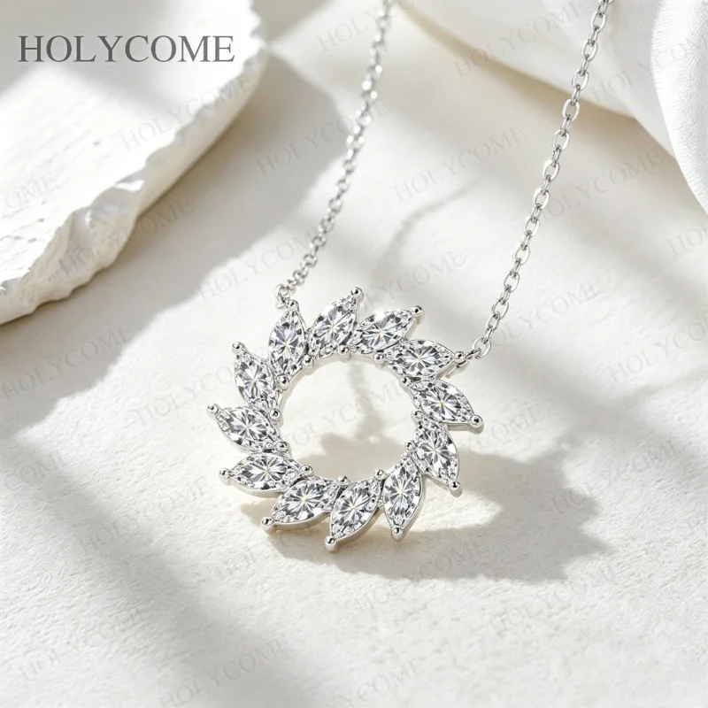 Unique MarquiseCut Moissanite Circle Pendant Necklace 925Sterling Silver Floral Wreath for Women Party Wedding Fine Jewelry Gift