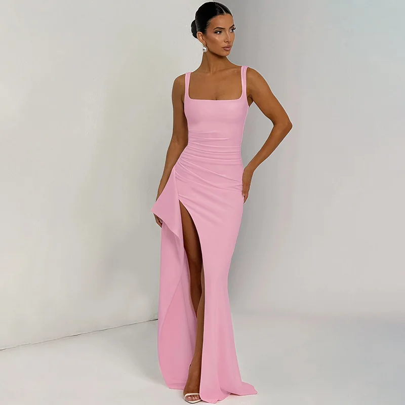 Damen Bodycon Abendkleid, Spaghetti-Träger Quadratischer Ausschnitt Schlitz Midi-Kleid Sexy Formelles Ballkleid Partykleider – Detail 10