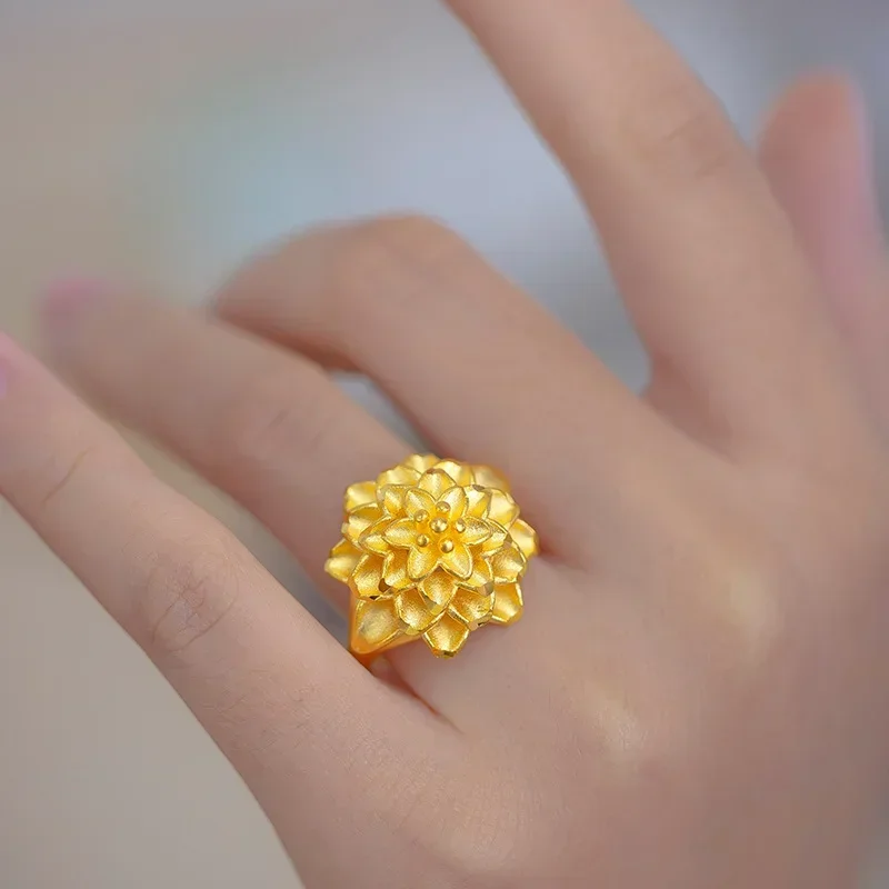 

9999 Real Gold 24K Ethnic Style Retro Big Flower Ring Women's Wedding Thorn Flower Big Flower Live Ring