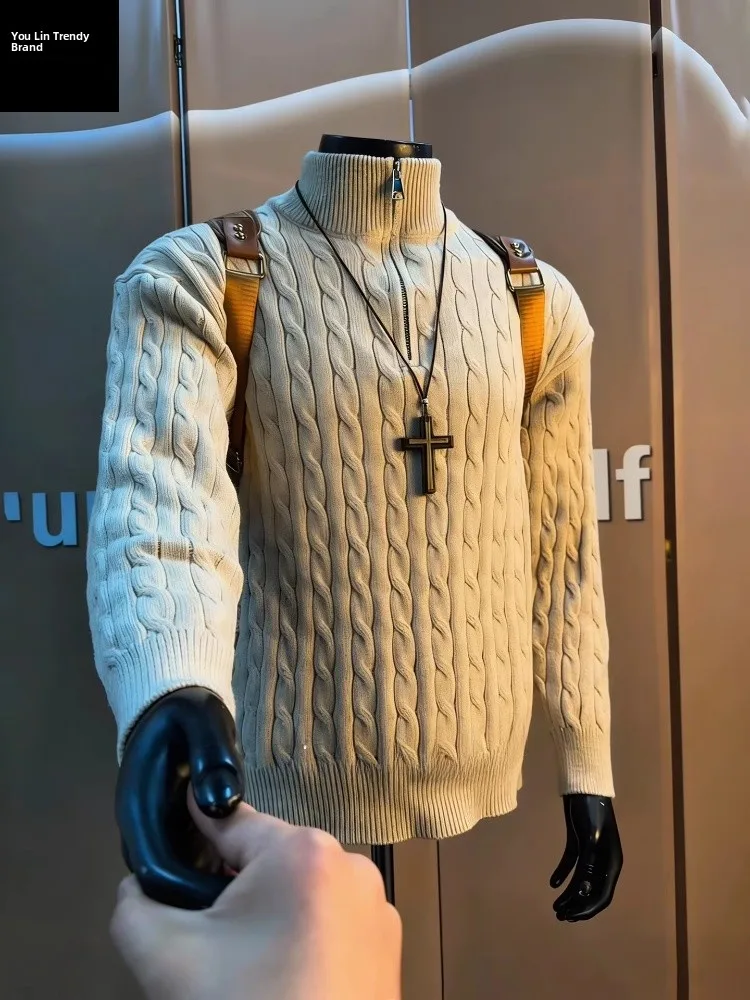 

Loose Fit Men's Knitted Sweater f Zip Twist Pattern Casual Inner Wear Base Layer irt Lazy Knitwear Coat for Autumn Winter