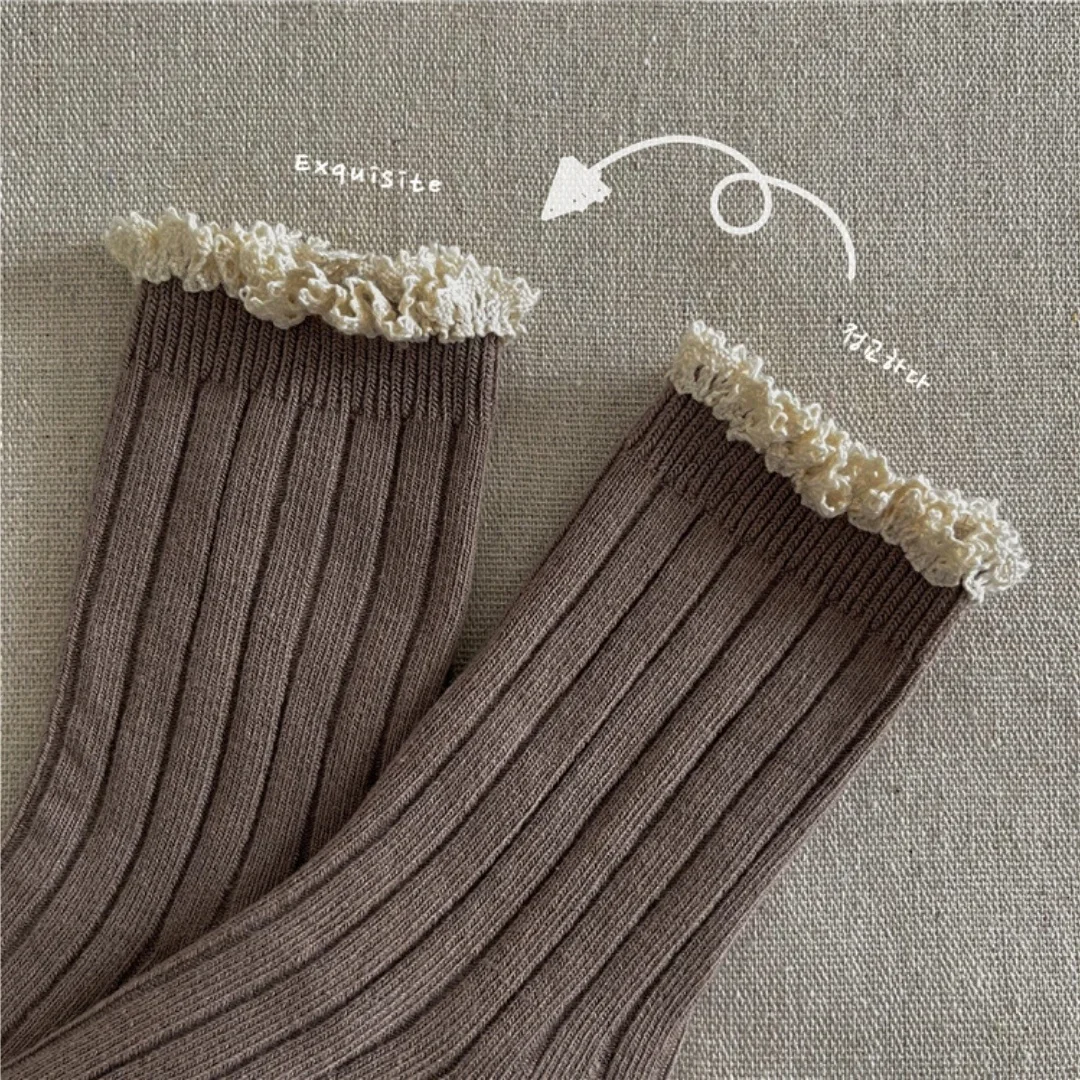 3-12Y جوارب بتمشيط 2025 الأطفال الجوارب الفتيات الطفل القطن كشكش تقليم طاقم الجوارب القطن سلس الأميرة نمط منتصف العجل الجوارب