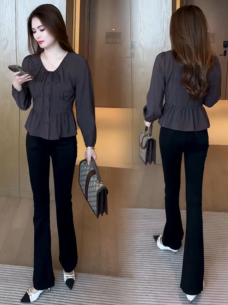 

Fashionable Casual Shirt Set Women's Early Autumn New Design High Waist Slimming Versatile Casual Pants Two Piece Set