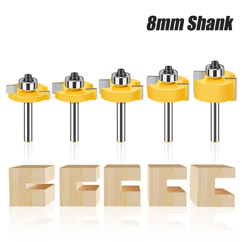 

8mm Shank T-Slot Rabbet Router Bit T-Track Slotting Bit Milling Cutter with 10 Bearings Set Multiple Depths Woodworking Tool